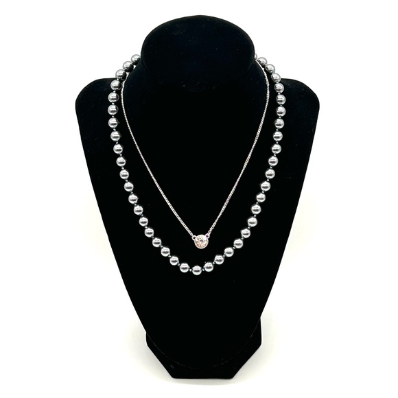 Givenchy Necklace ~Bundle of 2~ Gun Metal Gray Pearls Cubic Zirconia CZ on Chain - Picture 1 of 10